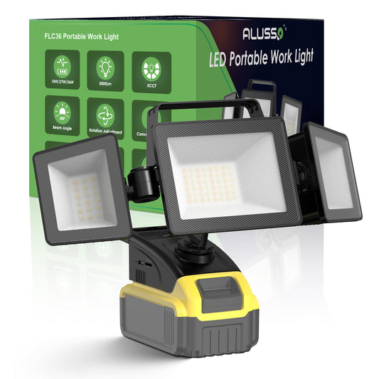 ALUSSO 18W/27W/36W LED Work Light for Dewalt Battery (Not Included), 3000K/4000K/6500K Worklight with USB And Type-C Charging Port, Portable 3-Head Rotation Outdoor Lamp for Garden, Lamp, Yard, Fishing