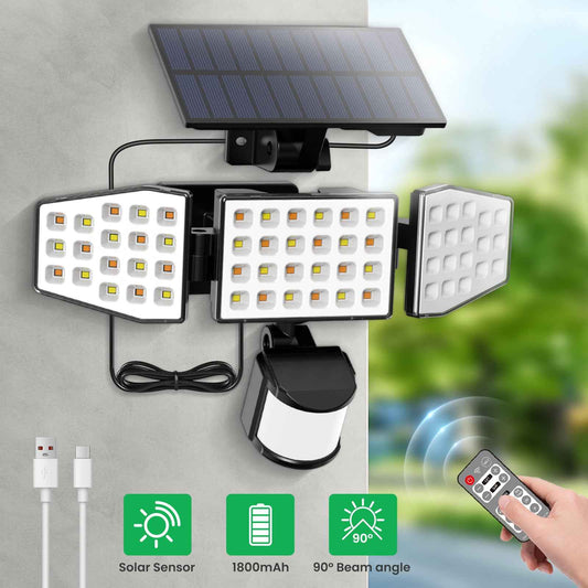 400lm Solar LED Flood Light 3 Head Motion Sensor Remote Control Outdoor Lamp
