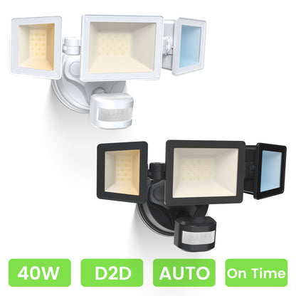 Manual Control LED Security Lights Outdoor 3 Heads, D2D, 40W 4500LM 3000K-4000K-6500K IP65, Black