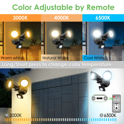 25W LED Dual Security Spot Light PIR Motion Sensor Remote Outdoor Floodlight Black