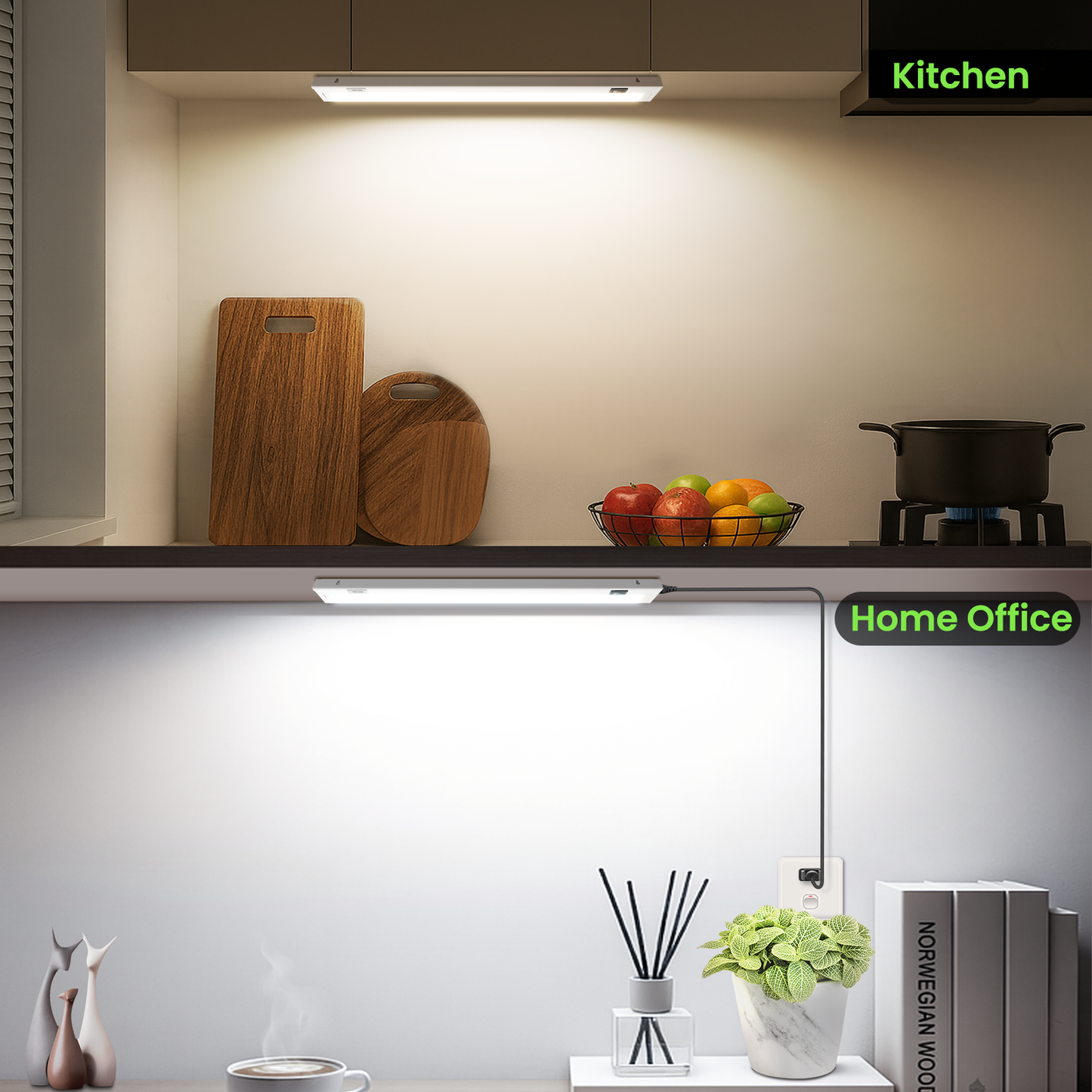 22 Inch Swivel LED Under Cabinet Lighting Plug in, 3CCT Color Selectable 3000K-4500K-6500K, Non-Dimmable 8W 650lm, Rotate 150° Linkable Strip Under Counter Lights for Kitchen, 2 Pack