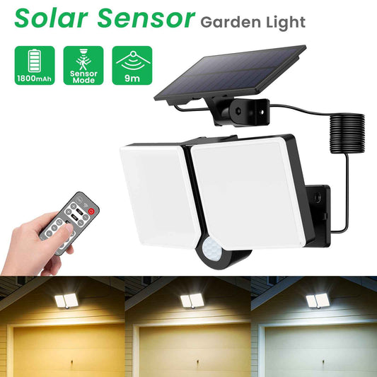 5W Solar LED Flood Light 2 Head Motion Sensor Black Remote Control Outdoor Lamp