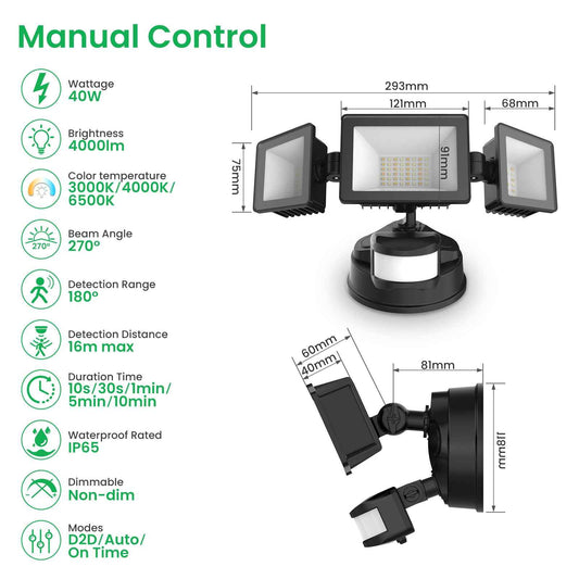 Manual Control LED Security Lights Outdoor 3 Heads, D2D, 40W 4000LM 3000K-4000K-6500K IP65, Black