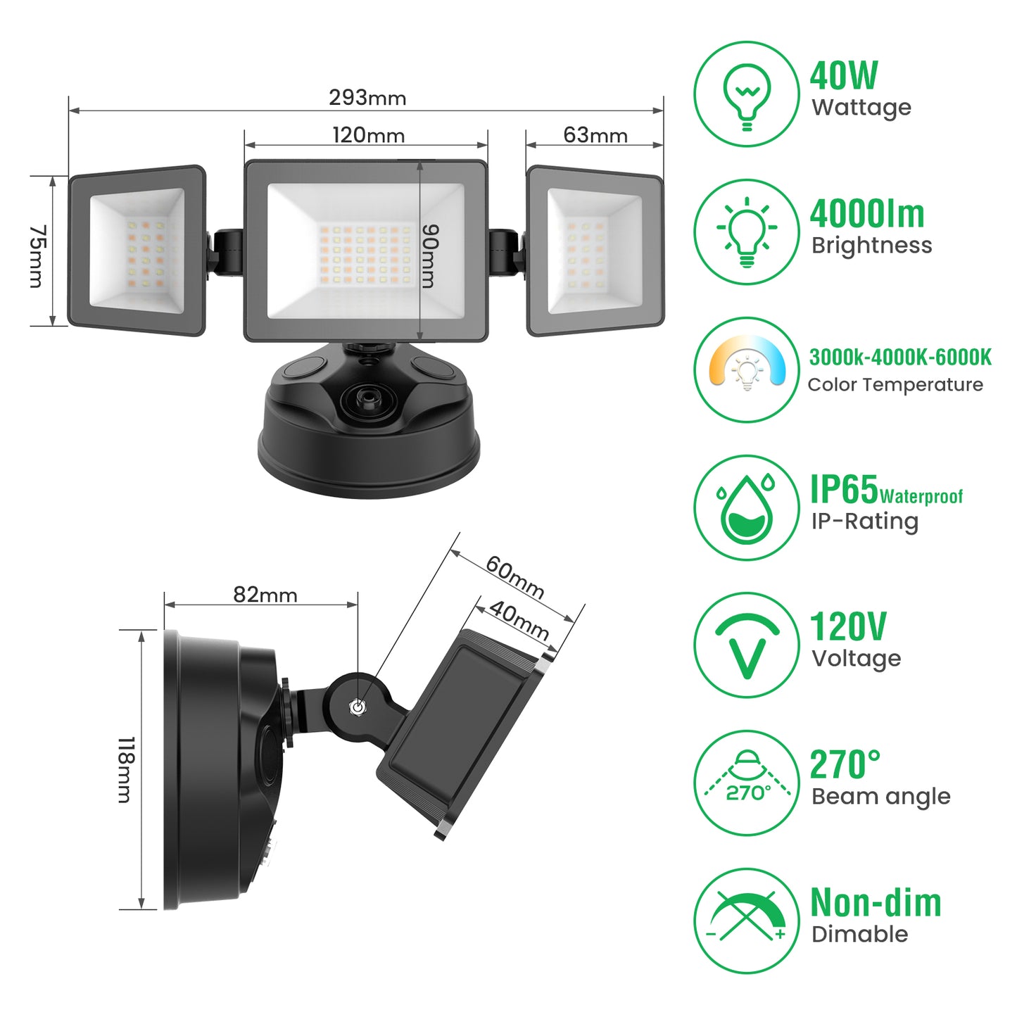 Dusk To Dawn LED Security Lights Outdoor 3 Heads, 40W 4000LM 3000K-6000K IP65, Black