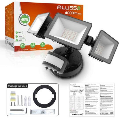 Manual Control LED Security Lights Outdoor 3 Heads, D2D, 40W 4000LM 3000K-4000K-6500K IP65, Black