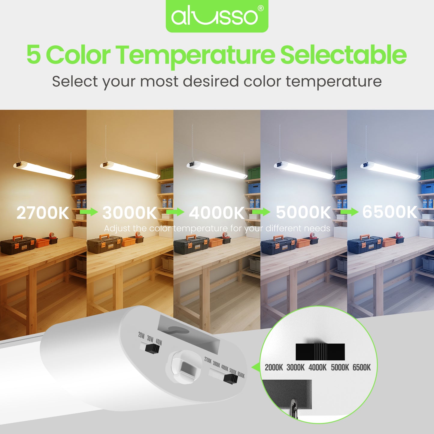 5CCT LED Shop Lights for Workshop 4FT, 20W 30W 40W 2700K 3000K 4000K 5000K 6500K Selectable, Linkable Linear Work Light for Garage Basement, ETL, 2 Pack