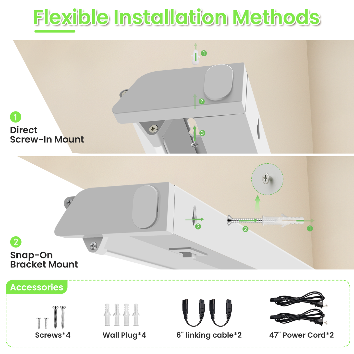 22 Inch Swivel LED Under Cabinet Lighting Plug in, 3CCT Color Selectable 3000K-4500K-6500K, Non-Dimmable 8W 650lm, Rotate 150° Linkable Strip Under Counter Lights for Kitchen, 2 Pack