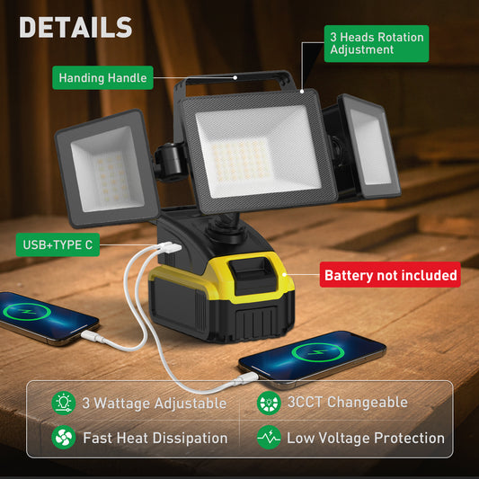 ALUSSO 18W/27W/36W LED Work Light for Dewalt Battery (Not Included), 3000K/4000K/6500K Worklight with USB And Type-C Charging Port, Portable 3-Head Rotation Outdoor Lamp for Garden, Lamp, Yard, Fishing