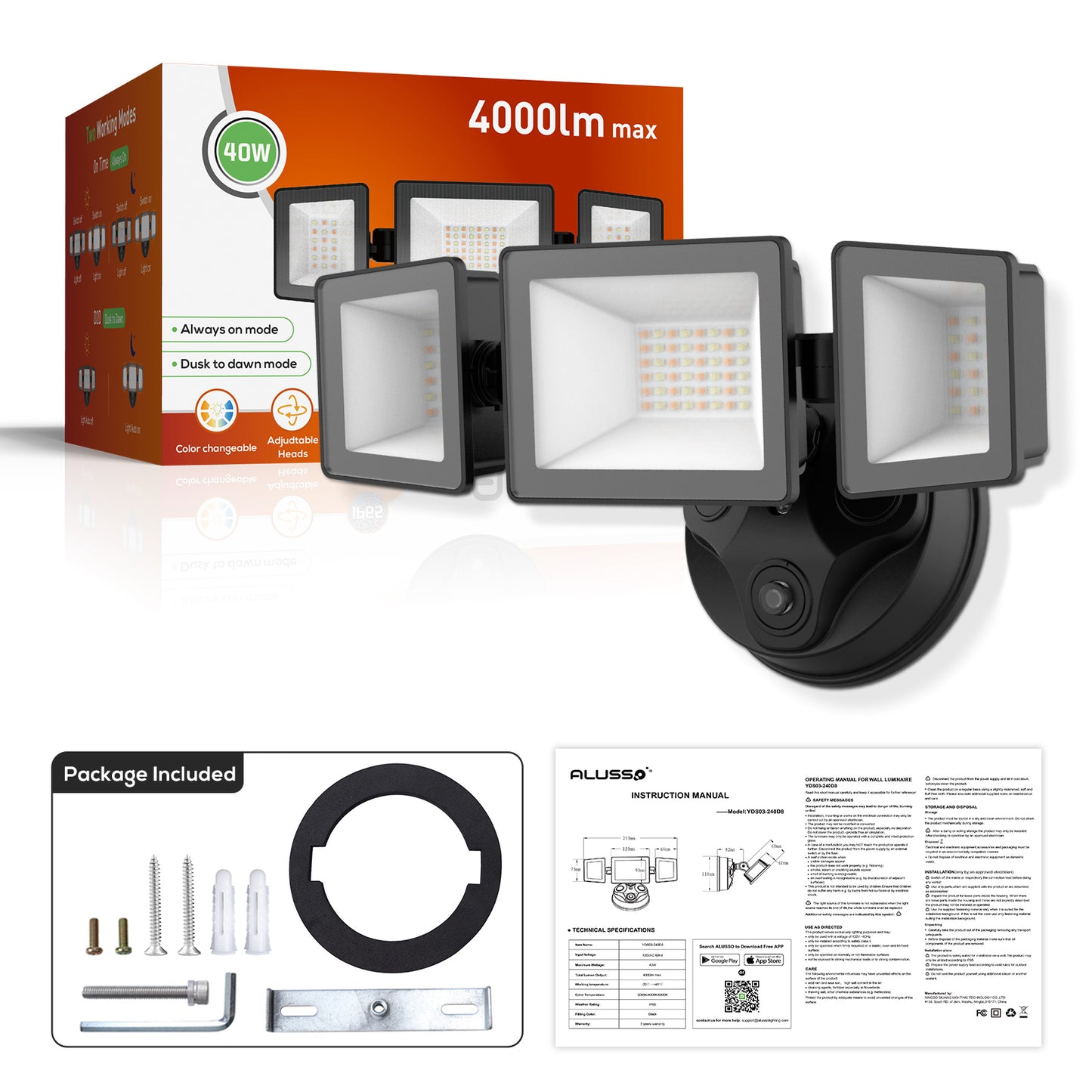 Dusk To Dawn LED Security Lights Outdoor 3 Heads, 40W 4000LM 3000K-6000K IP65, Black