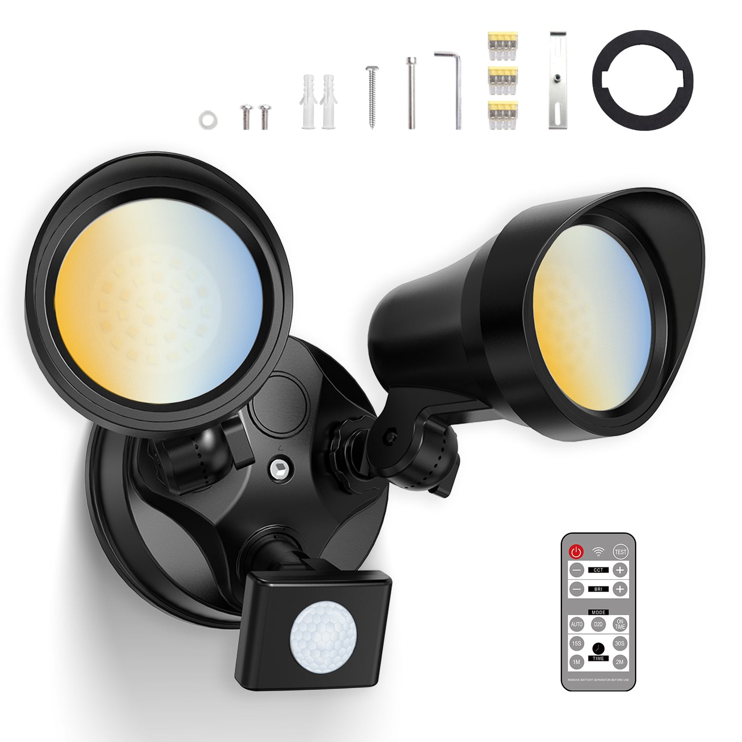 25W LED Dual Security Spot Light PIR Motion Sensor Remote Outdoor Floodlight Black