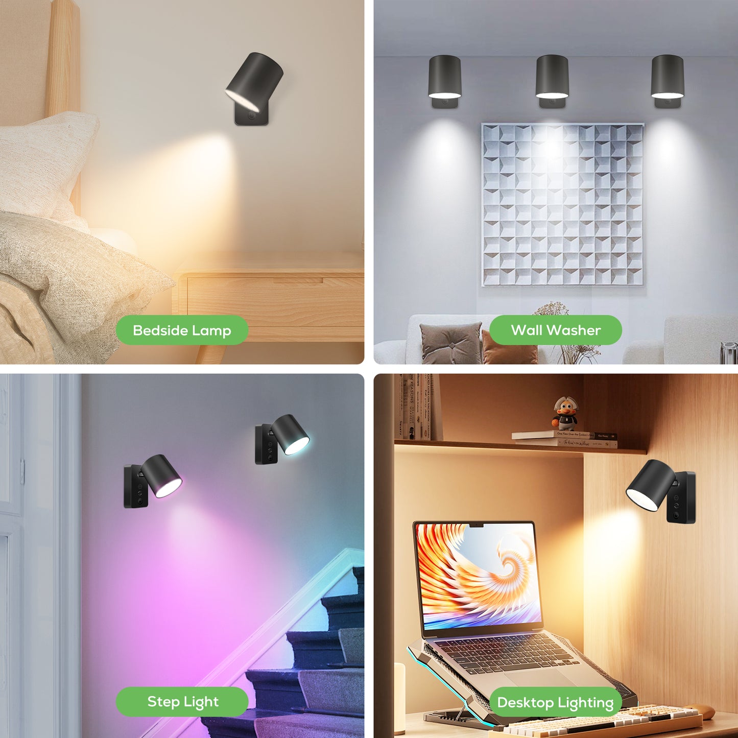 Pack of 2 LED Wall Light RGBCW Dimmable Modern Bedside Lighting Black Fixture Lamp USB