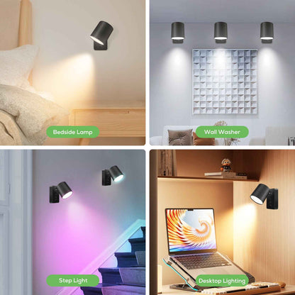 Pack of 2 LED Wall Light RGBCW Dimmable Modern Bedside Lighting Black Fixture Lamp USB