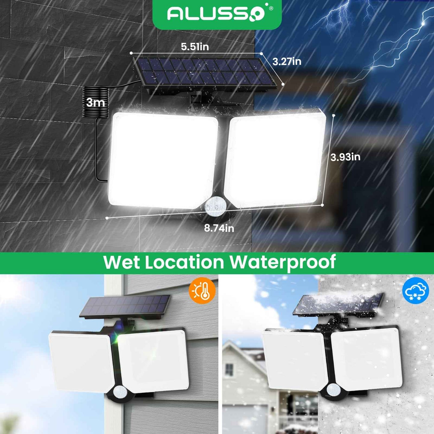 5W Solar LED Flood Light 2 Head Motion Sensor Black Remote Control Outdoor Lamp