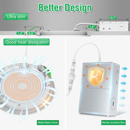 4'' Recessed LED Ceiling Light 9W, with Junction Box Downlights, 12pcs 5CCT Dimmable