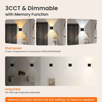 Cube LED Wall Light 4W Up Down Modern Sconce Indoor Fixture Lamp 3CCT Chargeable, 2PACK