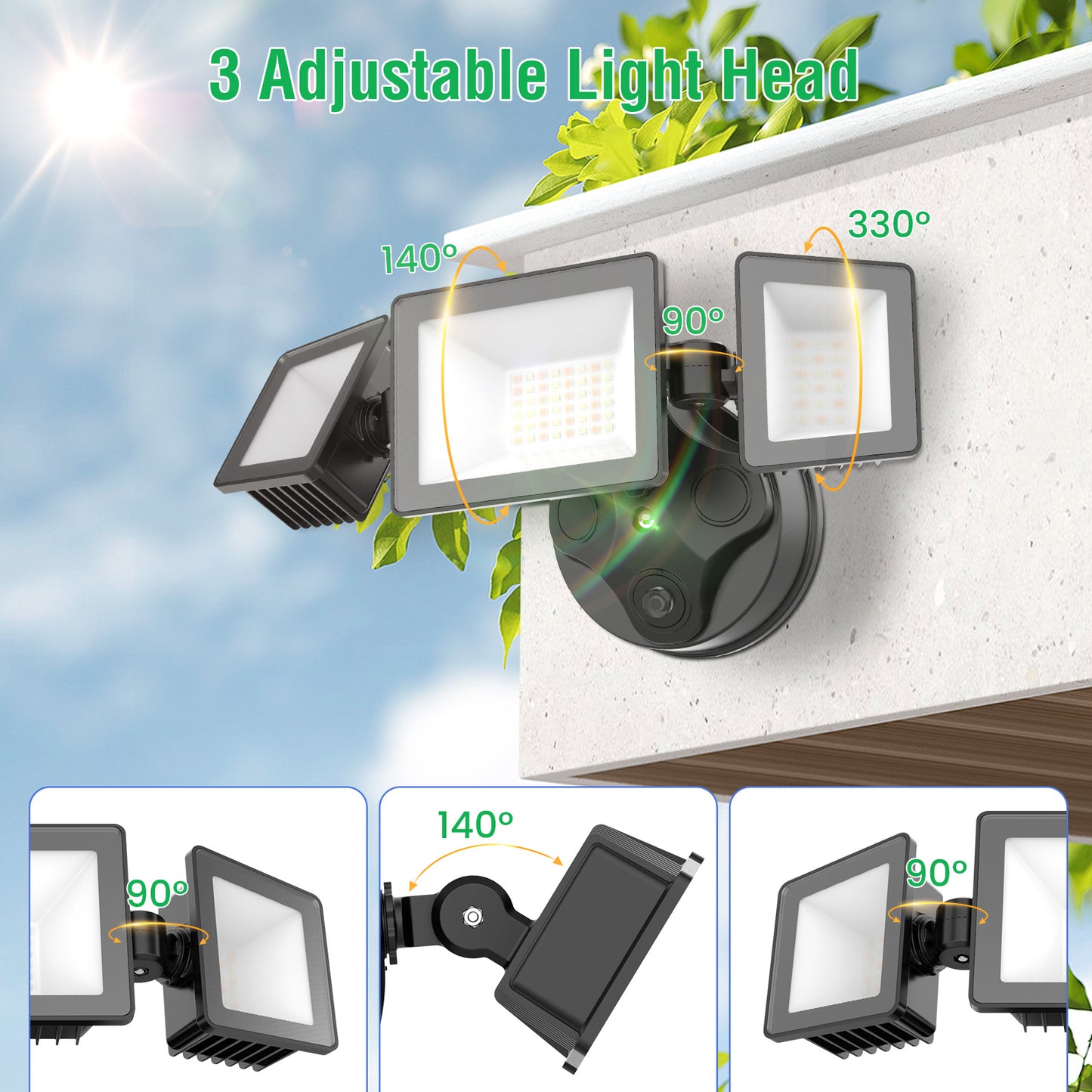 Dusk To Dawn LED Security Lights Outdoor 3 Heads, 40W 4000LM 3000K-6000K IP65, Black