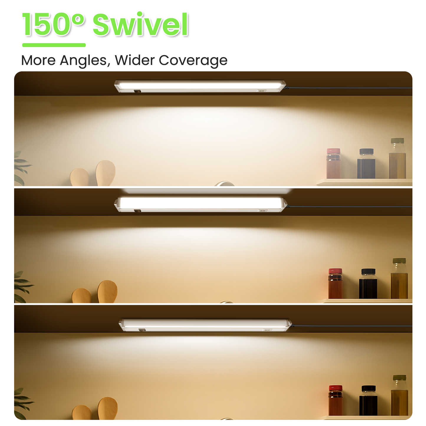 22 Inch Swivel LED Under Cabinet Lighting Plug in, 3CCT Color Selectable 3000K-4500K-6500K, Non-Dimmable 8W 650lm, Rotate 150° Linkable Strip Under Counter Lights for Kitchen, 2 Pack