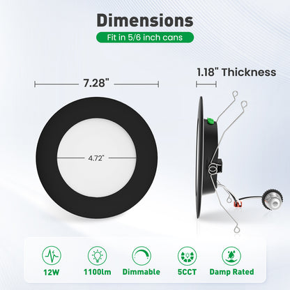 12 Pack 5/6 Inch Retrofit LED Recessed Lighting, High Brightness 12W 1100LM Ultra Flat Can Lights, 5CCT Selectable 2700K/3000K/4000K/5000K/6000K Downlight Dimmable, Wet Rated, Black