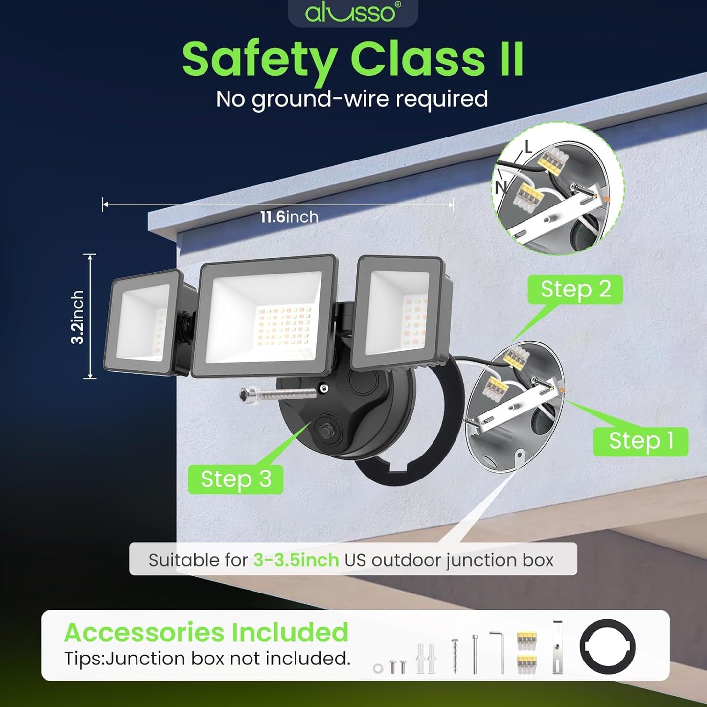 Dusk To Dawn LED Security Lights Outdoor 3 Heads, 40W 4000LM 3000K-6000K IP65, Black