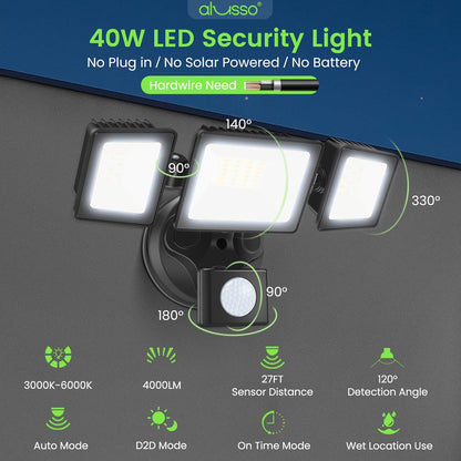 ALUSSO LED Security Lights Outdoor with Sensor, 40W 4000LM, CCT 3000K-6000K with Adjustable 3 Head, IP65 Waterproof