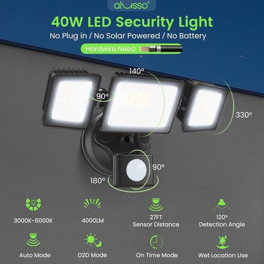 ALUSSO LED Security Lights Outdoor with Sensor, 40W 4000LM, CCT 3000K-6000K with Adjustable 3 Head, IP65 Waterproof