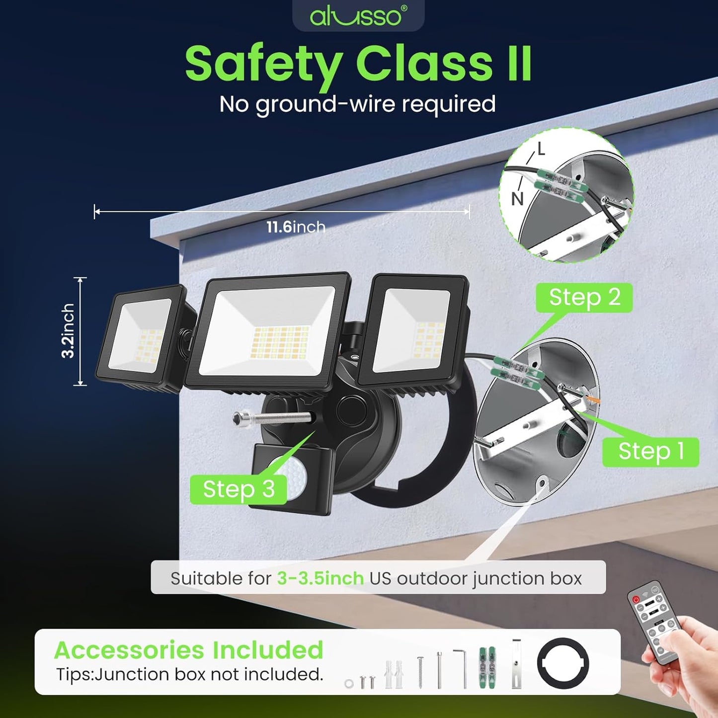 ALUSSO LED Security Lights Outdoor with Sensor, 40W 4000LM, CCT 3000K-6000K with Adjustable 3 Head, IP65 Waterproof