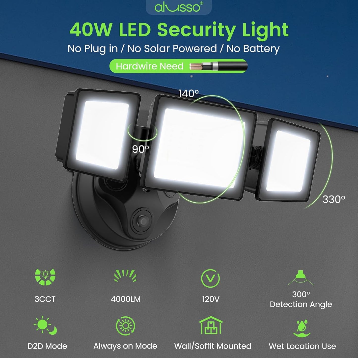 Dusk To Dawn LED Security Lights Outdoor 3 Heads, 40W 4000LM 3000K-6000K IP65, Black