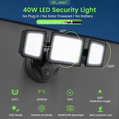Dusk To Dawn LED Security Lights Outdoor 3 Heads, 40W 4000LM 3000K-6000K IP65, Black