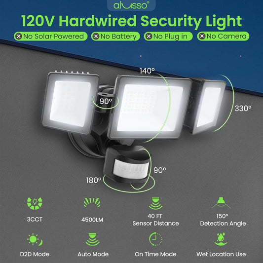 Manual Control LED Security Lights Outdoor 3 Heads, D2D, 40W 4000LM 3000K-4000K-6500K IP65, Black