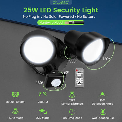 25W LED Dual Security Spot Light PIR Motion Sensor Remote Outdoor Floodlight Black