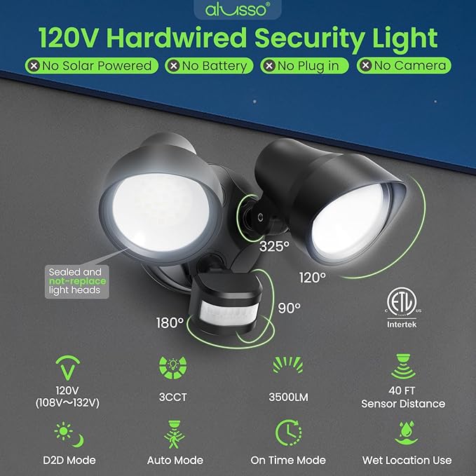 3500LM LED Motion Sensor Flood Light D2D 30W Outdoor Home Bright Security Light, Black, 1 pack