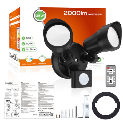 25W LED Dual Security Spot Light PIR Motion Sensor Remote Outdoor Floodlight Black