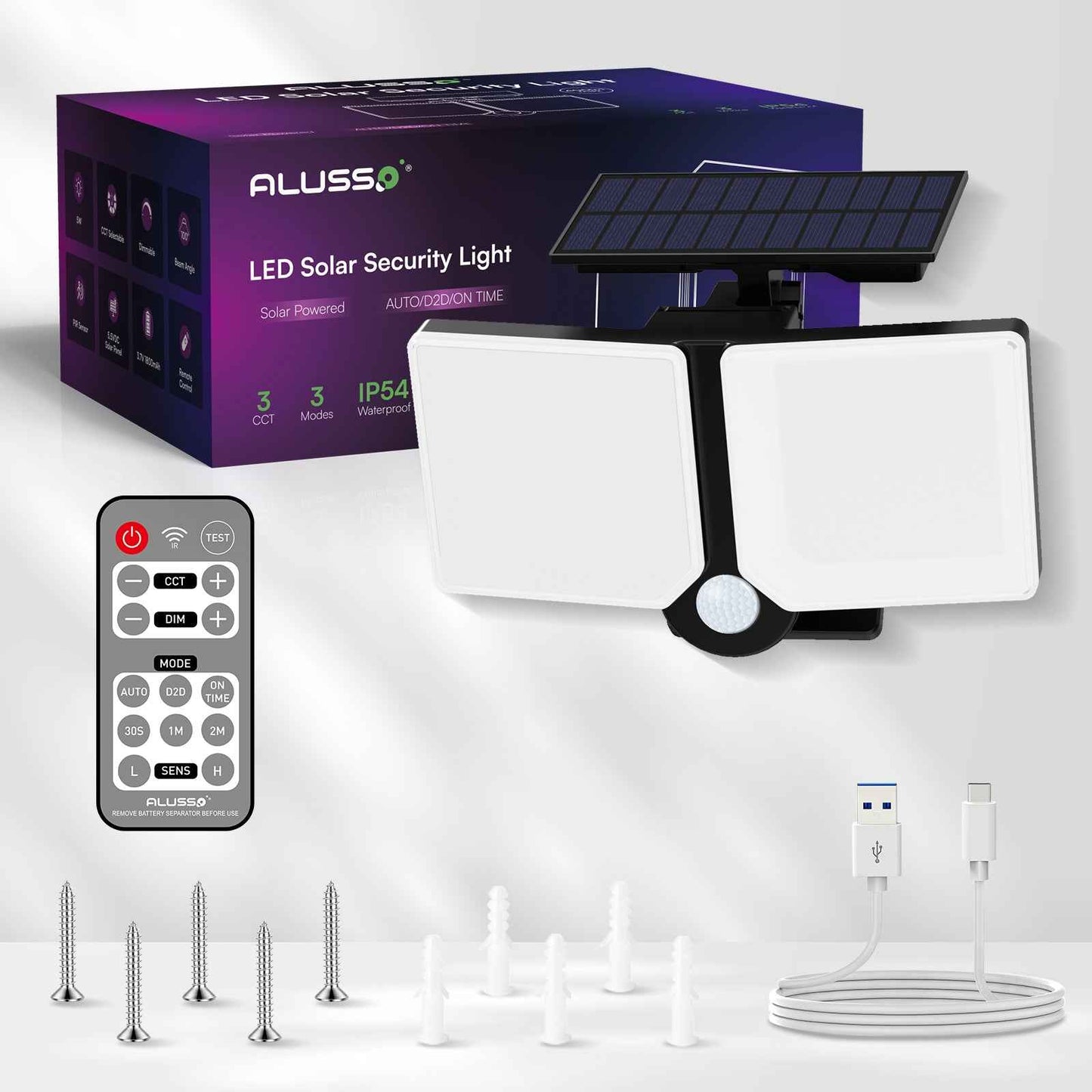 5W Solar LED Flood Light 2 Head Motion Sensor Black Remote Control Outdoor Lamp
