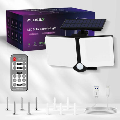 5W Solar LED Flood Light 2 Head Motion Sensor Black Remote Control Outdoor Lamp