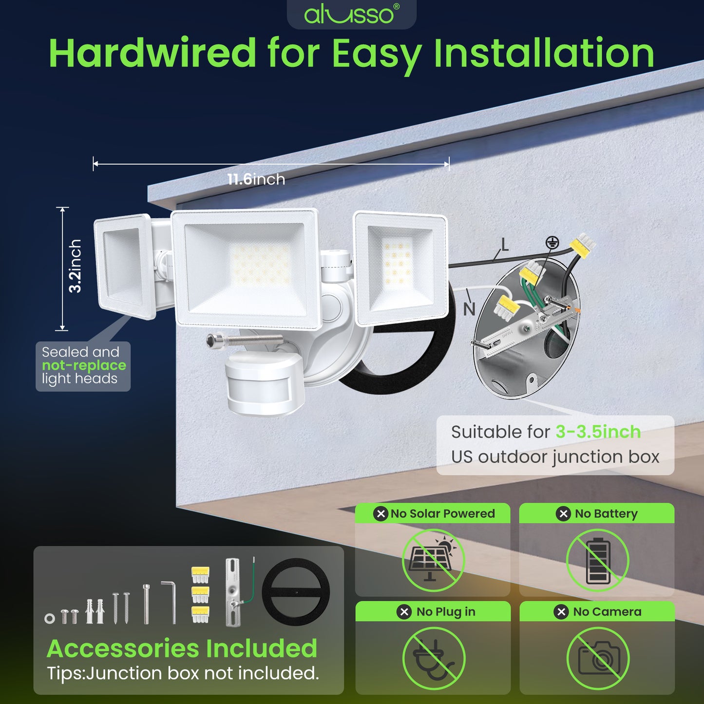 Manual Control LED Security Lights Outdoor 3 Heads, D2D, 40W 4500LM 3000K-4000K-6500K IP65, Black