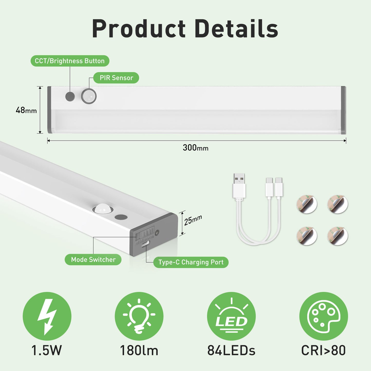 2 Pack Wireless LED PIR Motion Sensor Strip Cabinet Closet Light USB Rechargeable