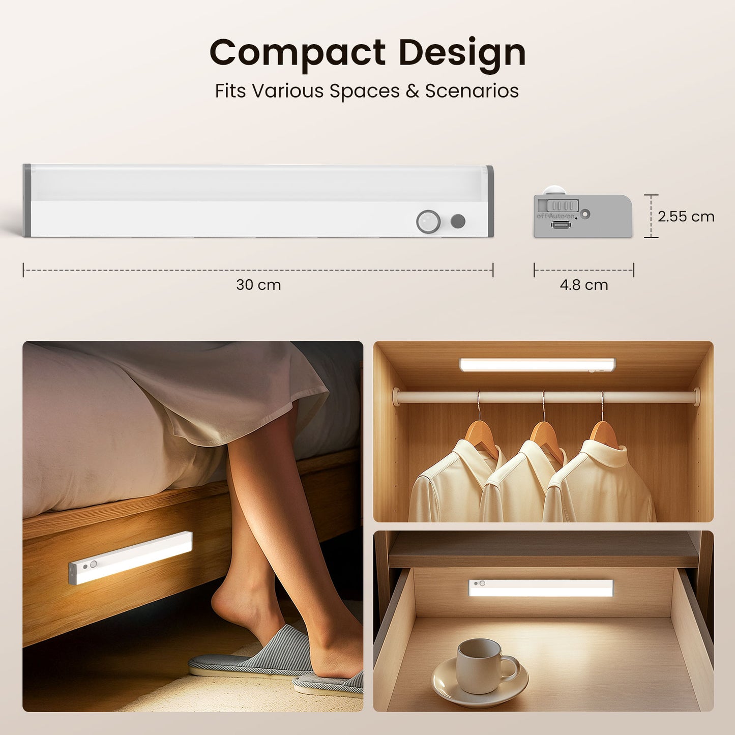 2 Pack Wireless LED PIR Motion Sensor Strip Cabinet Closet Light USB Rechargeable