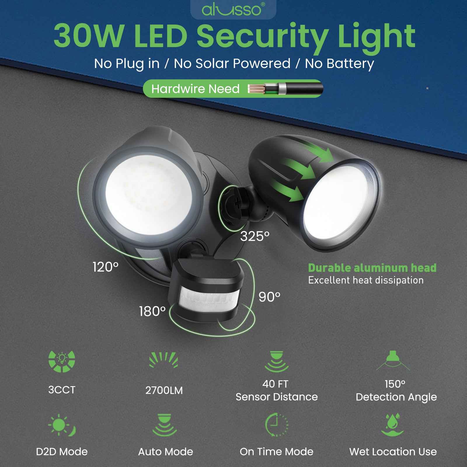 30W 2700LM LED Flood Light Motion Sensor D2D & PIR & On Time Aluminum Head Outdoor Security Light