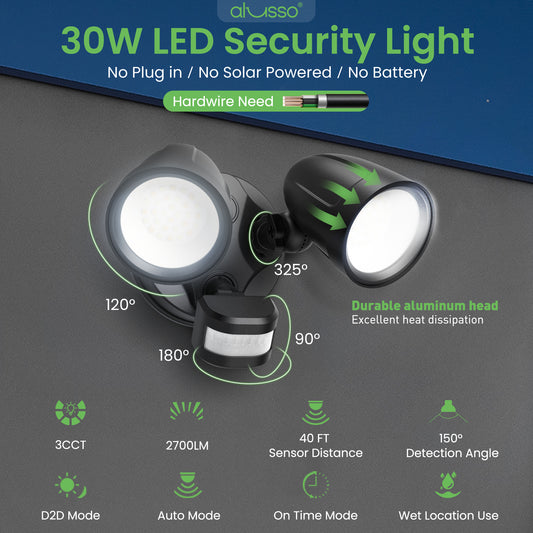 30W 2700LM LED Flood Light Motion Sensor D2D & PIR & On Time Aluminum Head Outdoor Security Light