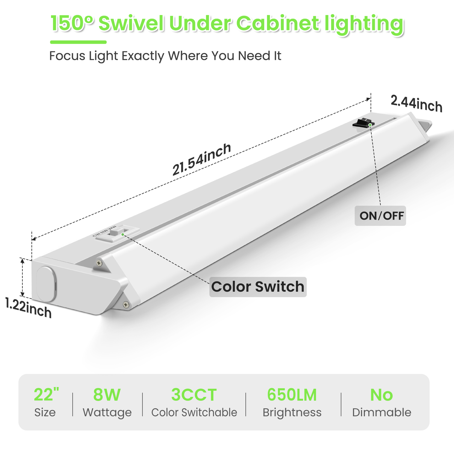 22 Inch Swivel LED Under Cabinet Lighting Plug in, 3CCT Color Selectable 3000K-4500K-6500K, Non-Dimmable 8W 650lm, Rotate 150° Linkable Strip Under Counter Lights for Kitchen, 2 Pack
