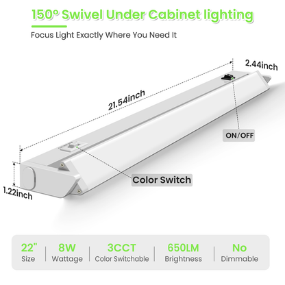 22 Inch Swivel LED Under Cabinet Lighting Plug in, 3CCT Color Selectable 3000K-4500K-6500K, Non-Dimmable 8W 650lm, Rotate 150° Linkable Strip Under Counter Lights for Kitchen, 2 Pack