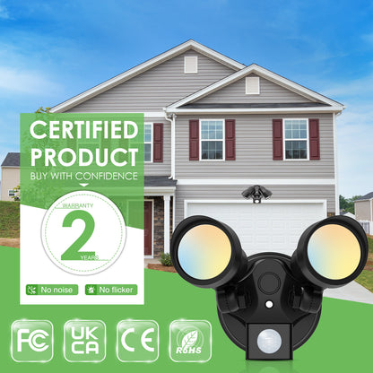 25W LED Dual Security Spot Light PIR Motion Sensor Remote Outdoor Floodlight Black