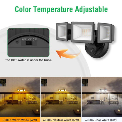 Dusk To Dawn LED Security Lights Outdoor 3 Heads, 40W 4000LM 3000K-6000K IP65, Black