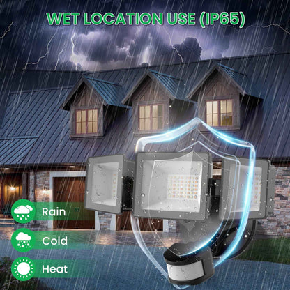 Manual Control LED Security Lights Outdoor 3 Heads, D2D, 40W 4000LM 3000K-4000K-6500K IP65, Black