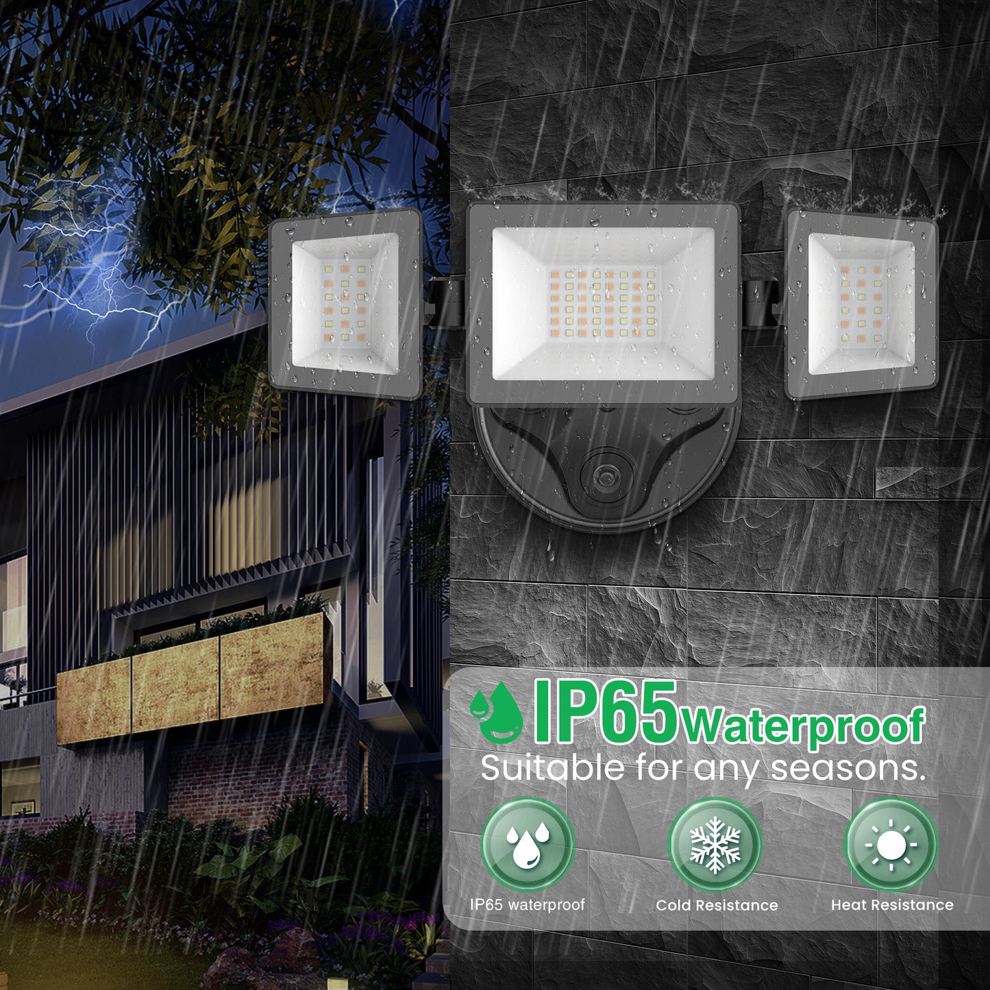 Dusk To Dawn LED Security Lights Outdoor 3 Heads, 40W 4000LM 3000K-6000K IP65, Black