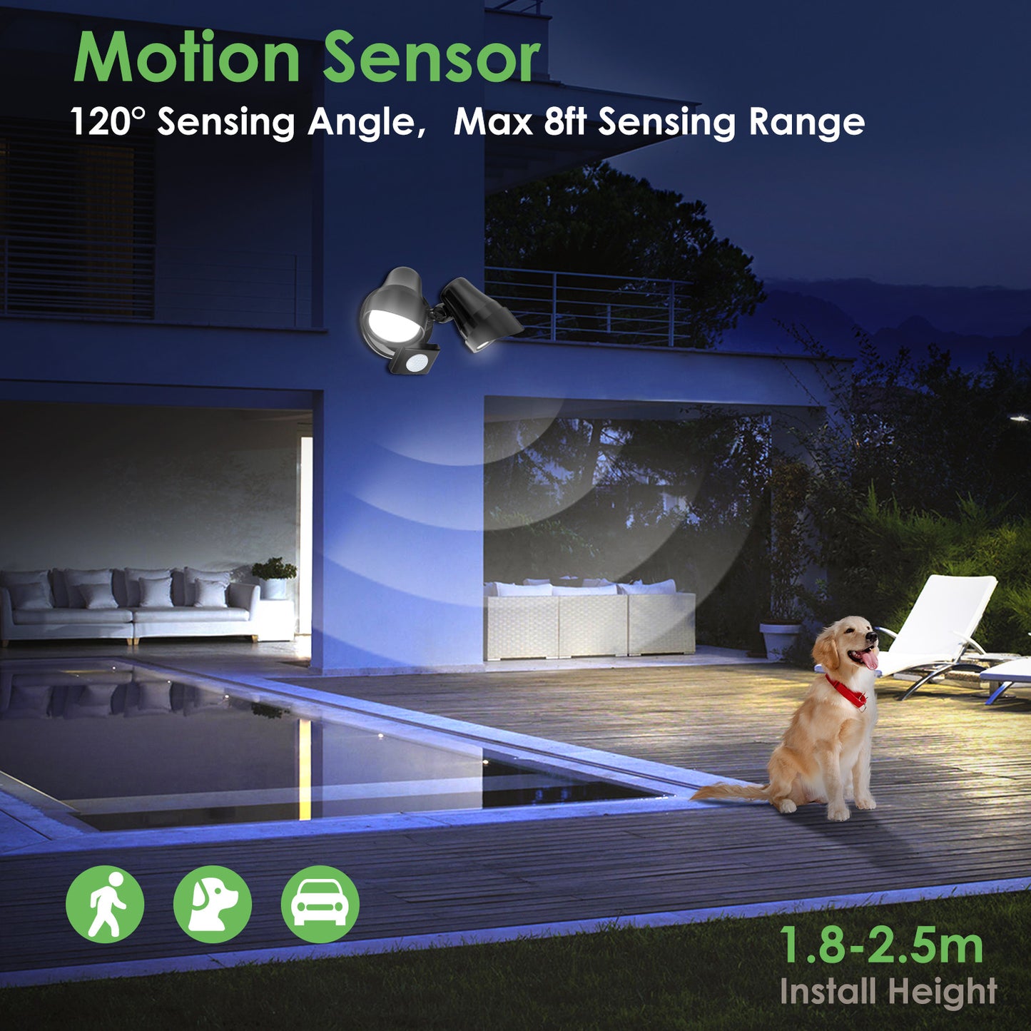 30W LED Dual Security Spot Light PIR Motion Sensor Remote Outdoor Floodlight