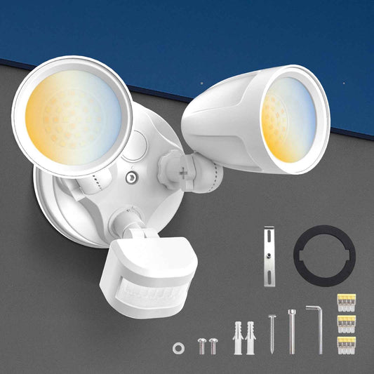30W 2700LM LED Flood Light Aluminum Head Motion Sensor D2D & PIR & On Time Outdoor Security Light, White, 1 Pack