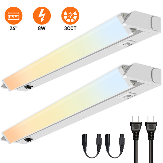 22 Inch Swivel LED Under Cabinet Lighting Plug in, 3CCT Color Selectable 3000K-4500K-6500K, Non-Dimmable 8W 650lm, Rotate 150° Linkable Strip Under Counter Lights for Kitchen, 2 Pack