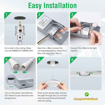 4'' Recessed LED Ceiling Light 9W, with Junction Box Downlights, 12pcs 5CCT Dimmable