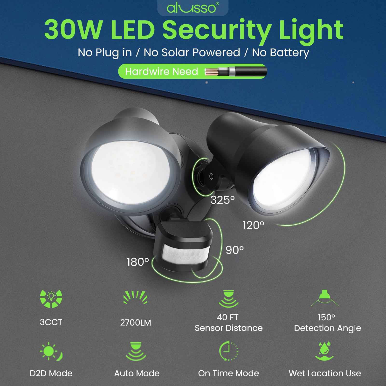 2700LM LED Motion Sensor Flood Light D2D 30W Outdoor Home Bright Security Light